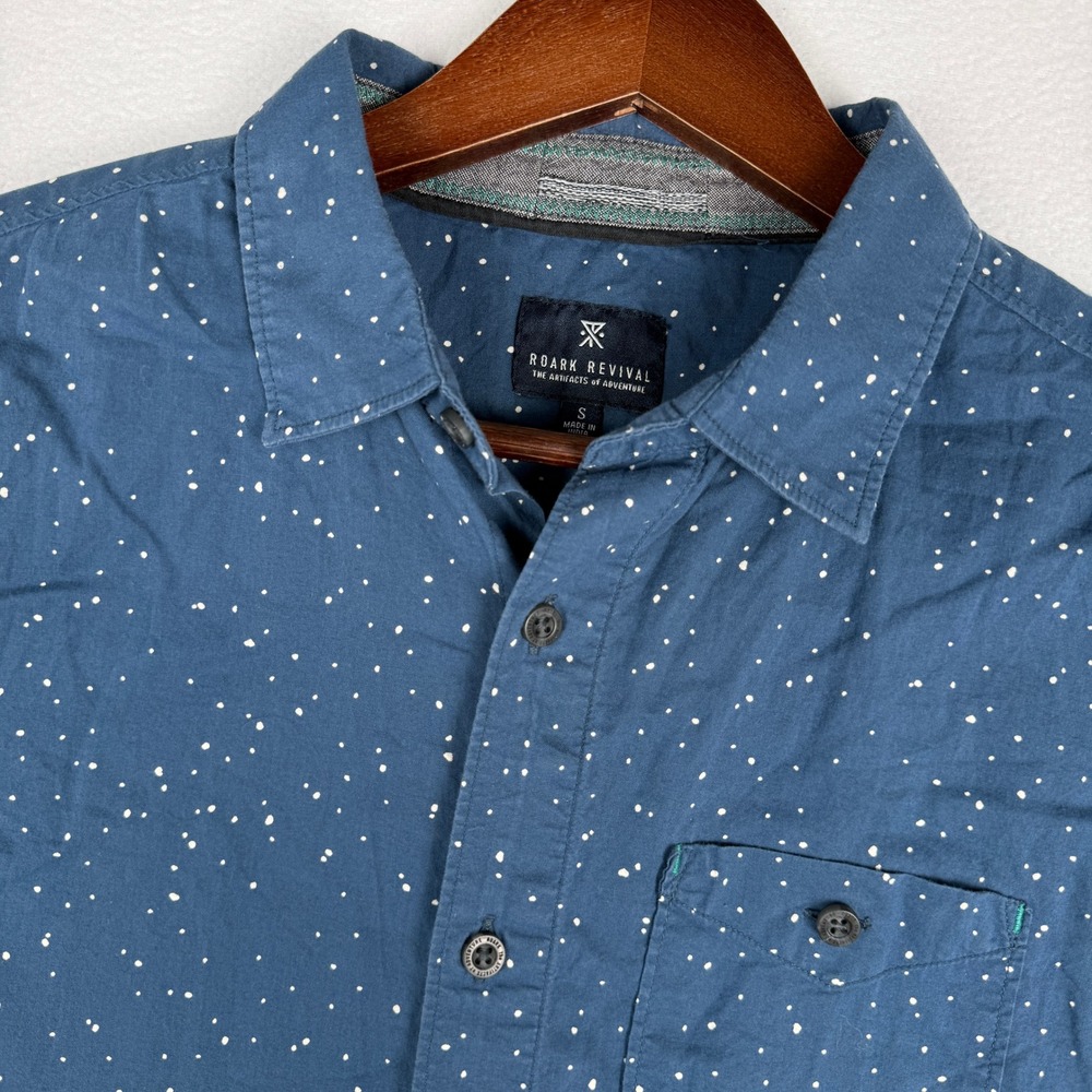 Roark Revival Button Up Shirt Mens Small Blue Speckled Short Sleeve AOP Cotton